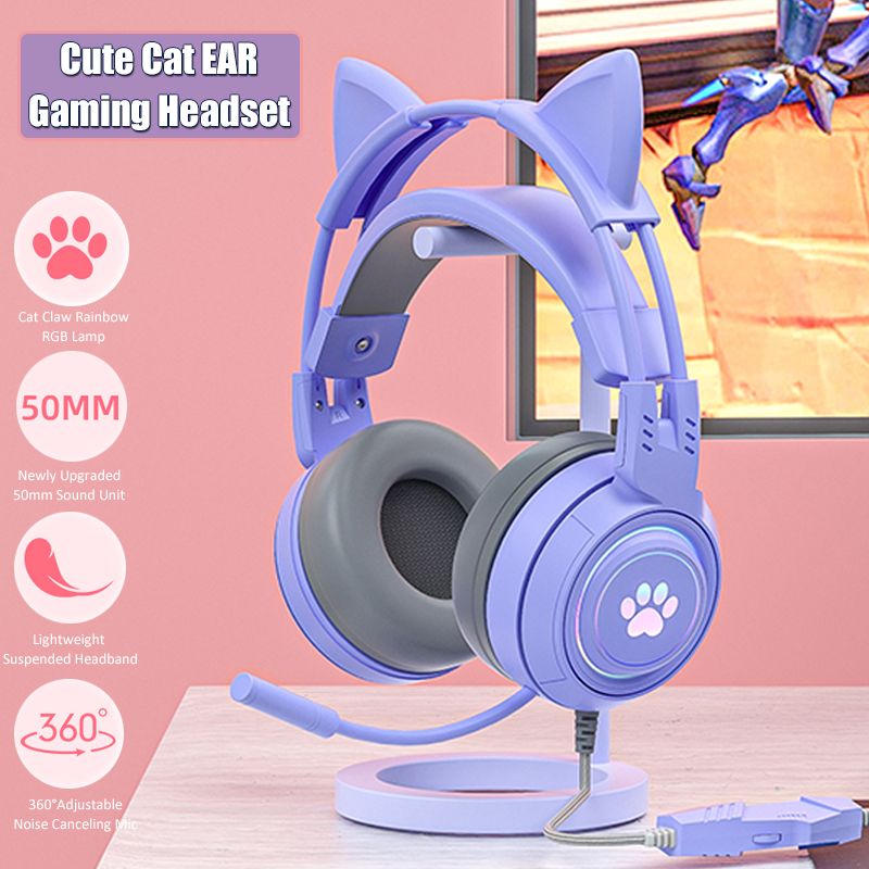 マイク付きのかわいい猫の耳のゲーミングヘッドフォン,RGBの - Gaming Accessories Monitor のレビューと価格